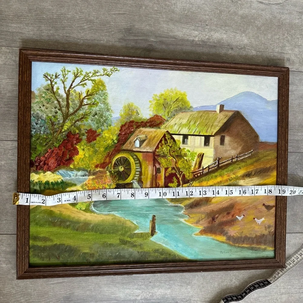 Vintage Rustic Land Scape Water Mill Original Painting Signed original frame